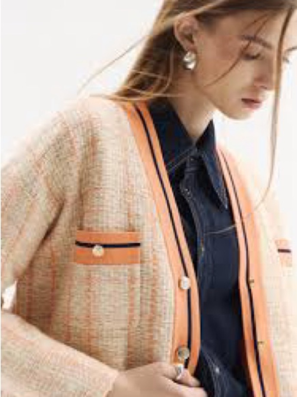 Sandro Peach Tweed Cardigan with Navy Trim